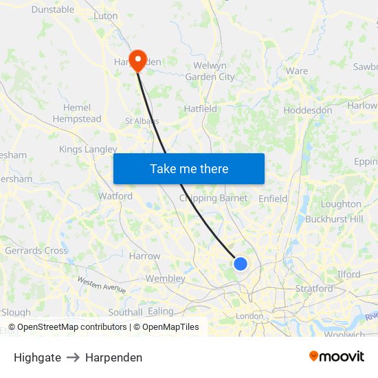 Highgate to Harpenden map