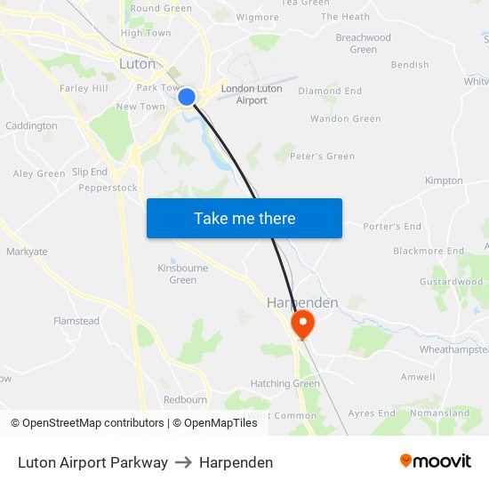 Luton Airport Parkway to Harpenden map