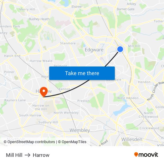 Mill Hill to Harrow map