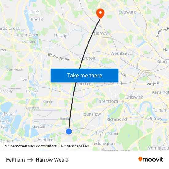 Feltham to Harrow Weald map