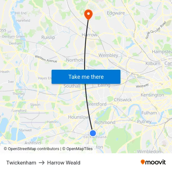 Twickenham to Harrow Weald map