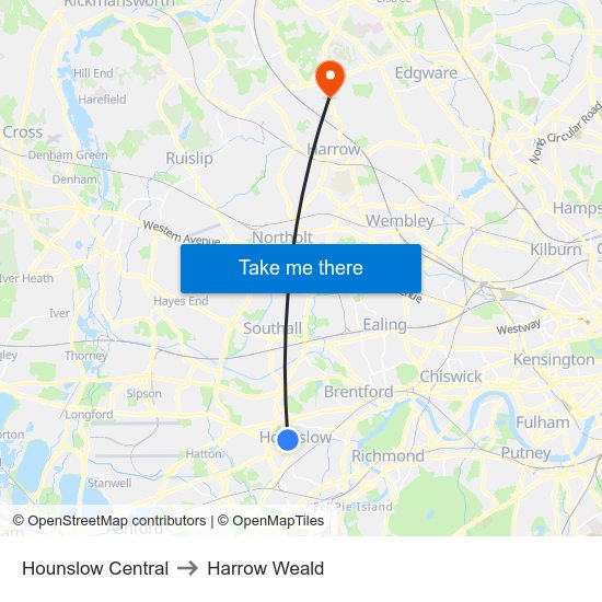 Hounslow Central to Harrow Weald map