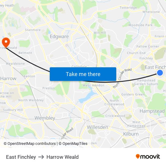 East Finchley to Harrow Weald map