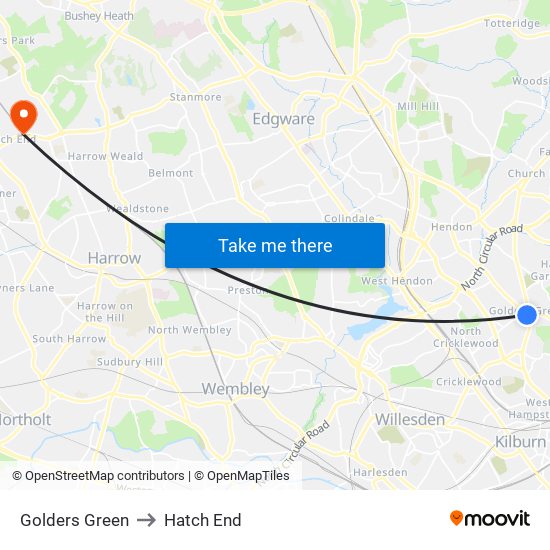 Golders Green to Hatch End map