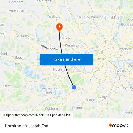 Norbiton to Hatch End map