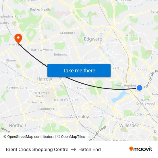 Brent Cross Shopping Centre to Hatch End map