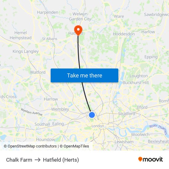 Chalk Farm to Hatfield (Herts) map