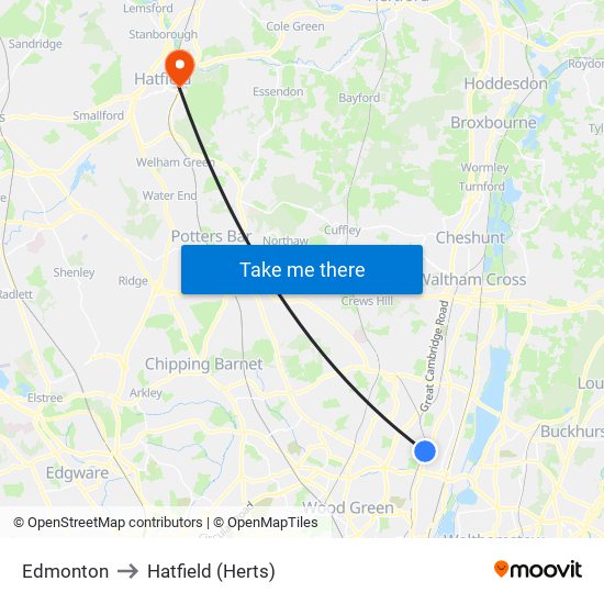 Edmonton to Hatfield (Herts) map