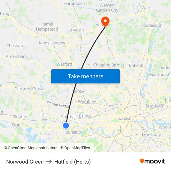 Norwood Green to Hatfield (Herts) map