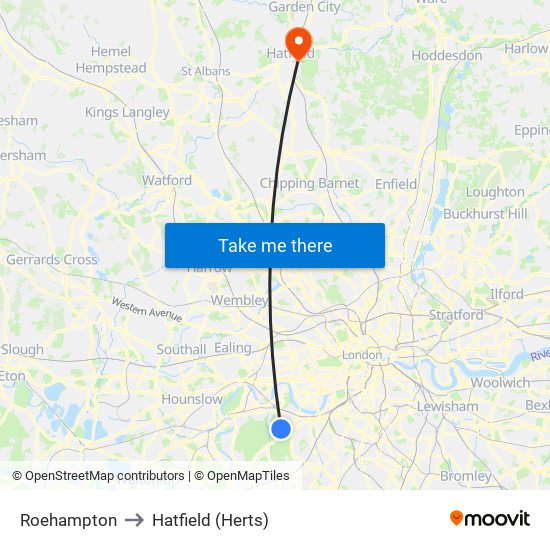 Roehampton to Hatfield (Herts) map