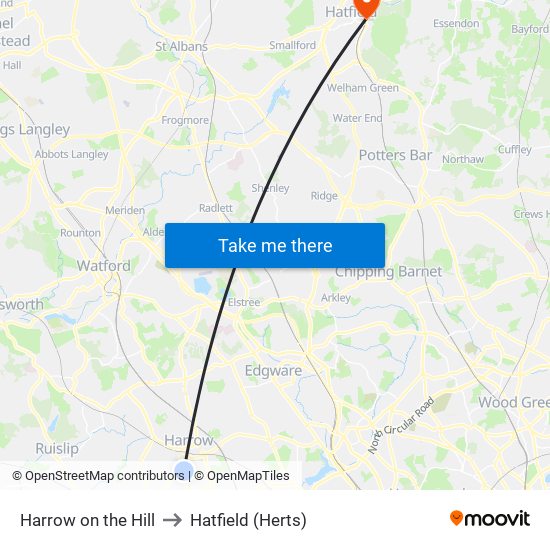 Harrow on the Hill to Hatfield (Herts) map