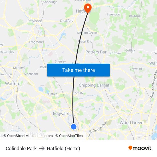 Colindale Park to Hatfield (Herts) map