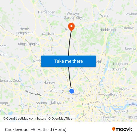 Cricklewood to Hatfield (Herts) map