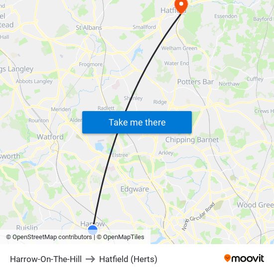 Harrow-On-The-Hill to Hatfield (Herts) map