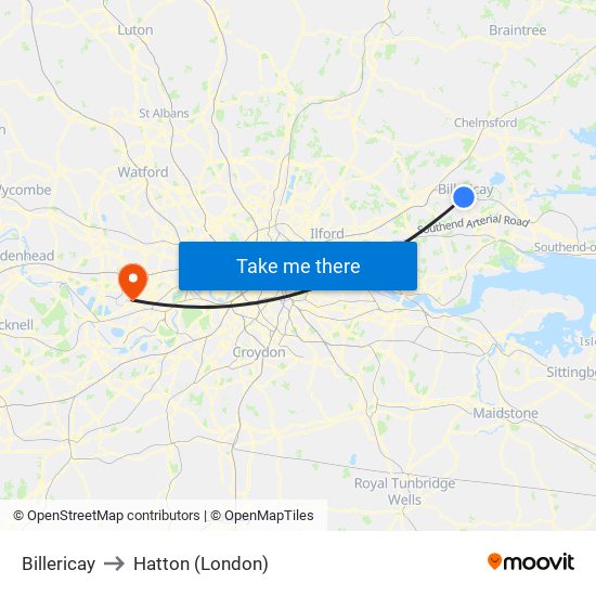 Billericay to Hatton (London) map