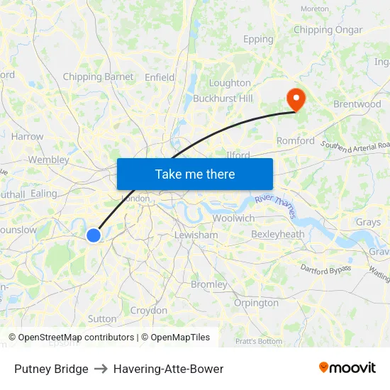 Putney Bridge to Havering-Atte-Bower map