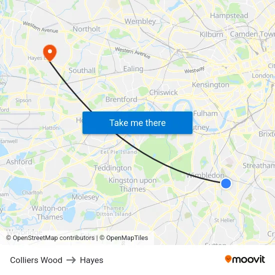 Colliers Wood to Hayes map