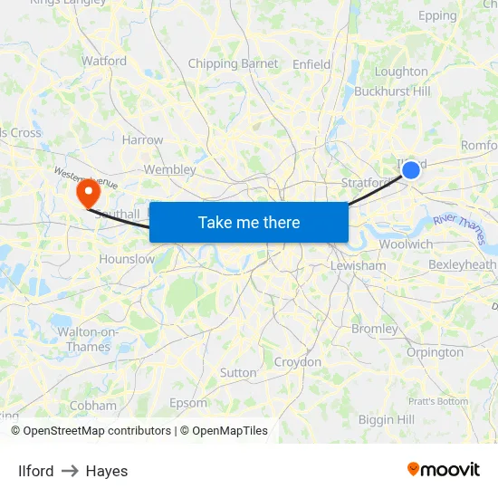 Ilford to Hayes map