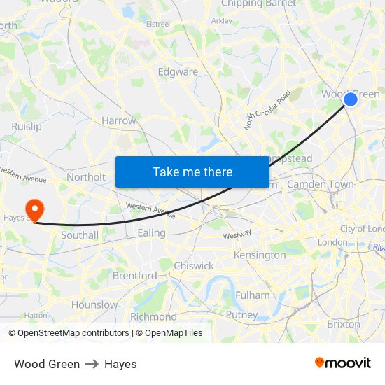 Wood Green to Hayes map