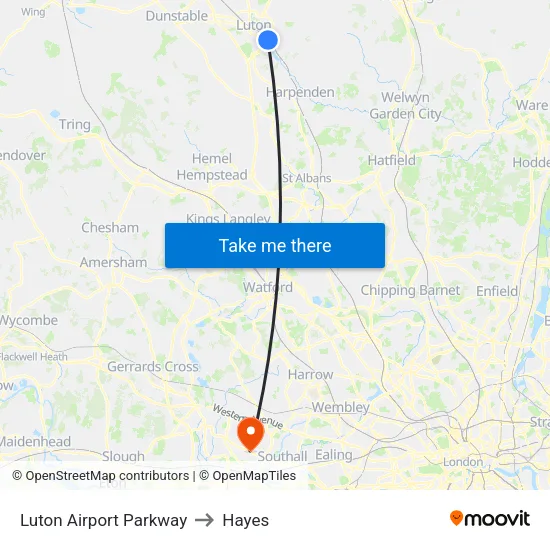 Luton Airport Parkway to Hayes map