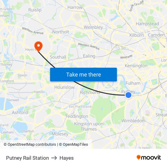 Putney Rail Station to Hayes map