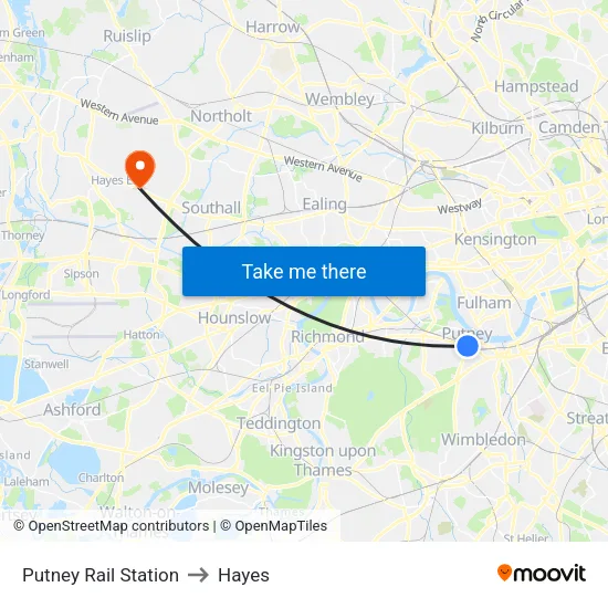 Putney Rail Station to Hayes map