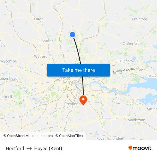 Hertford to Hayes (Kent) map