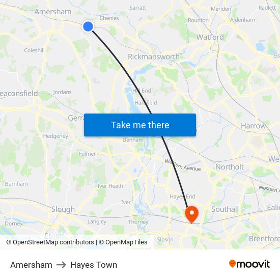 Amersham to Hayes Town map