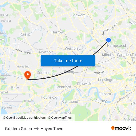 Golders Green to Hayes Town map