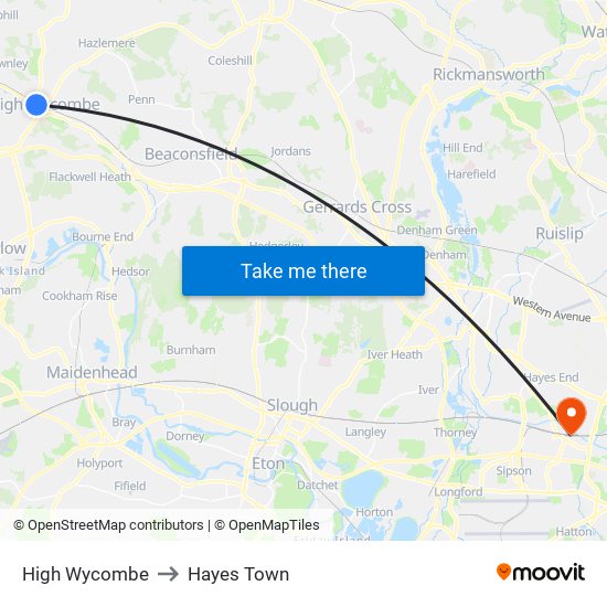 High Wycombe to Hayes Town map