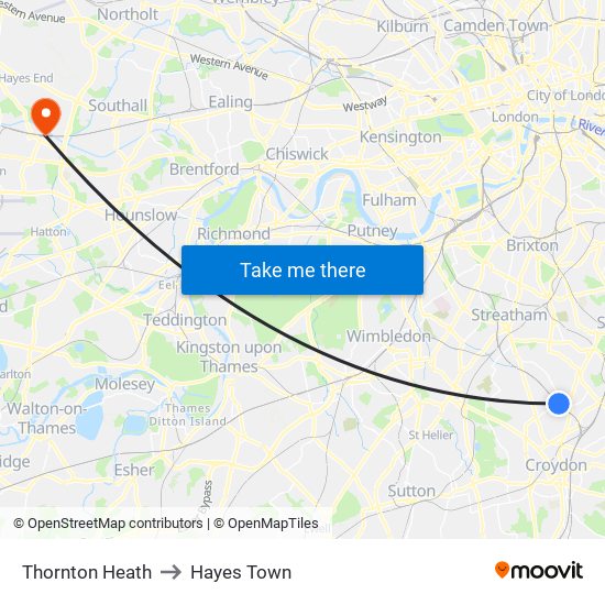 Thornton Heath to Hayes Town map