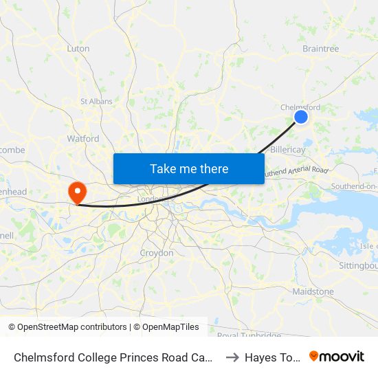 Chelmsford College Princes Road Campus to Hayes Town map