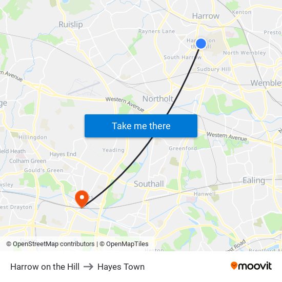 Harrow on the Hill to Hayes Town map