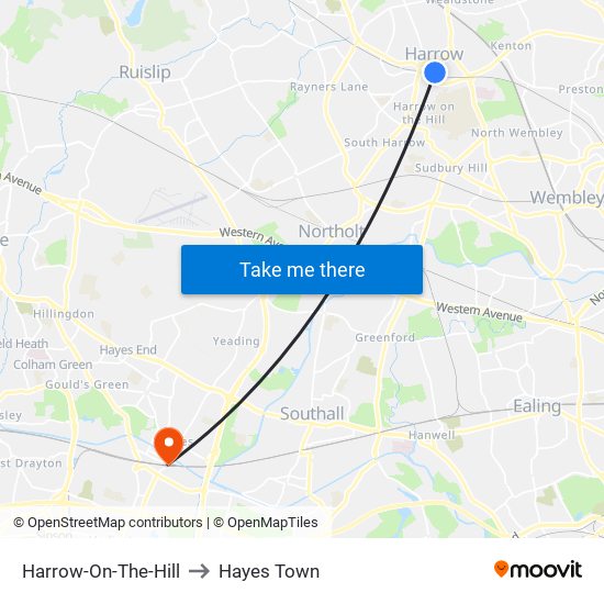 Harrow-On-The-Hill to Hayes Town map