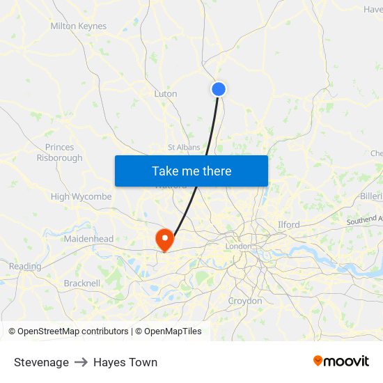 Stevenage to Hayes Town map