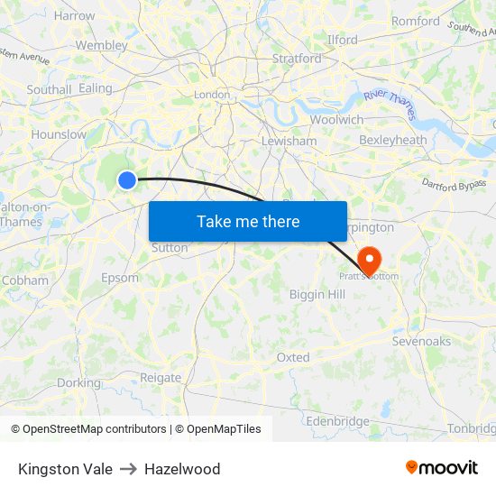 Kingston Vale to Hazelwood map