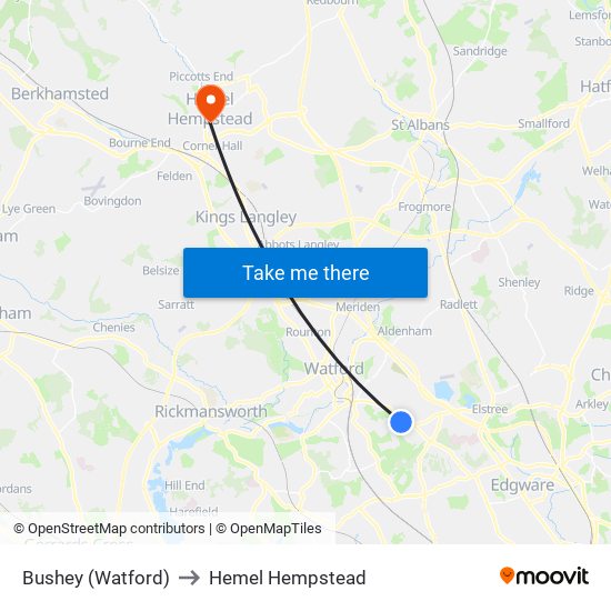 Bushey (Watford) to Hemel Hempstead map