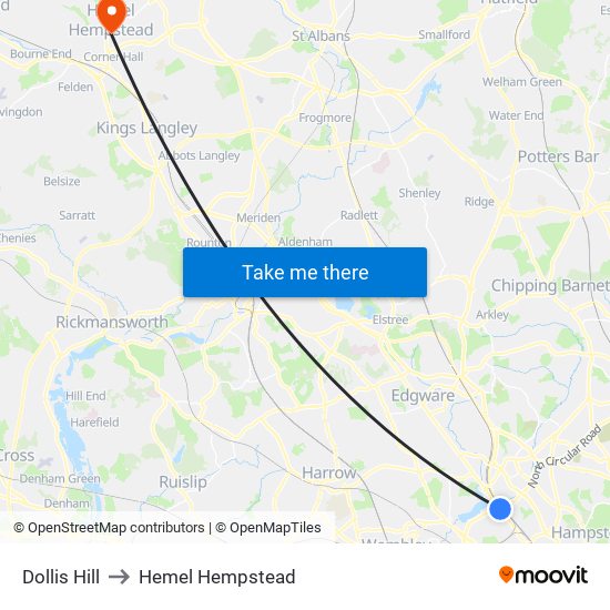 Dollis Hill to Hemel Hempstead map