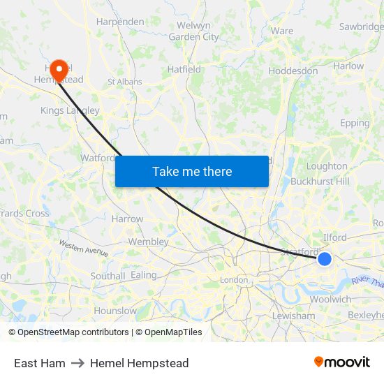 East Ham to Hemel Hempstead map