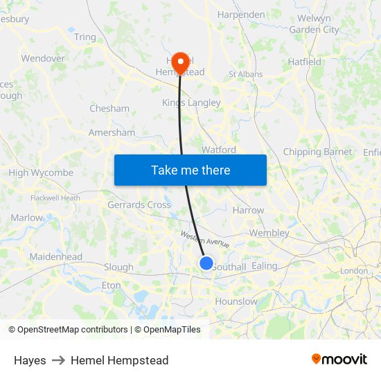 Hayes to Hemel Hempstead map