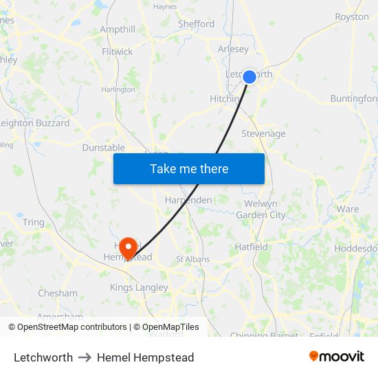 Letchworth to Hemel Hempstead map