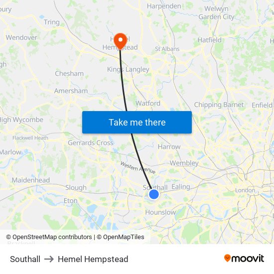 Southall to Hemel Hempstead map