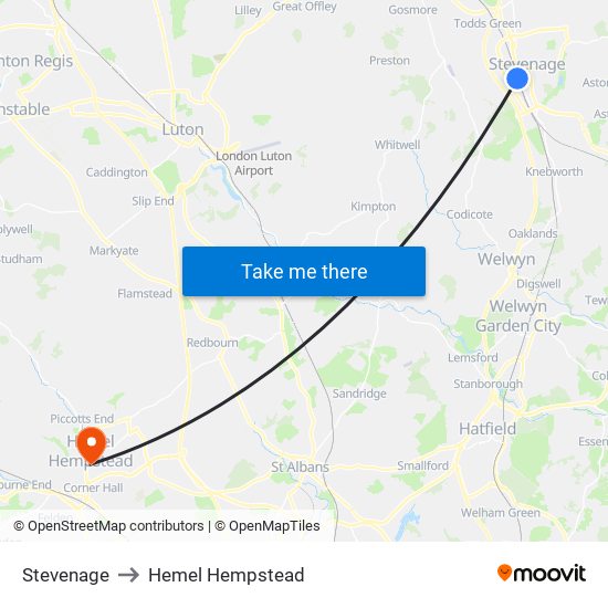 Stevenage to Hemel Hempstead map