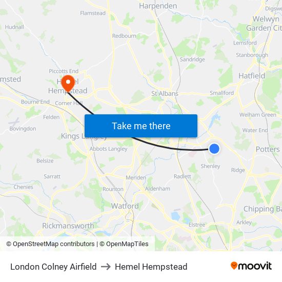 London Colney Airfield to Hemel Hempstead map