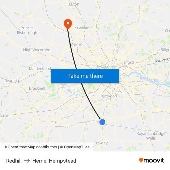 Redhill to Hemel Hempstead map