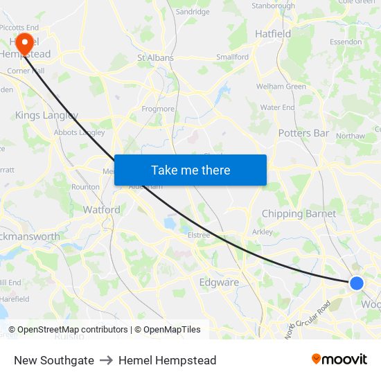New Southgate to Hemel Hempstead map