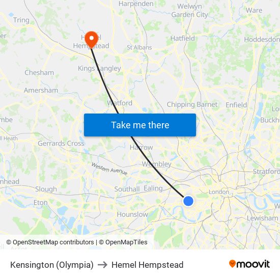 Kensington (Olympia) to Hemel Hempstead map