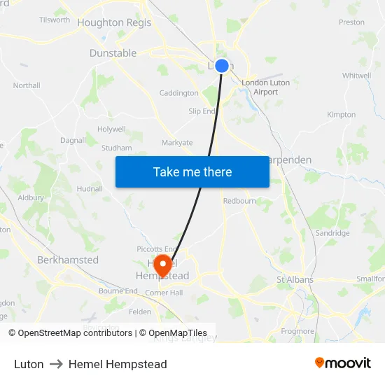 Luton to Hemel Hempstead map