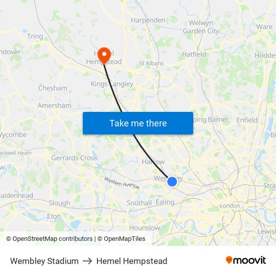 Wembley Stadium to Hemel Hempstead map