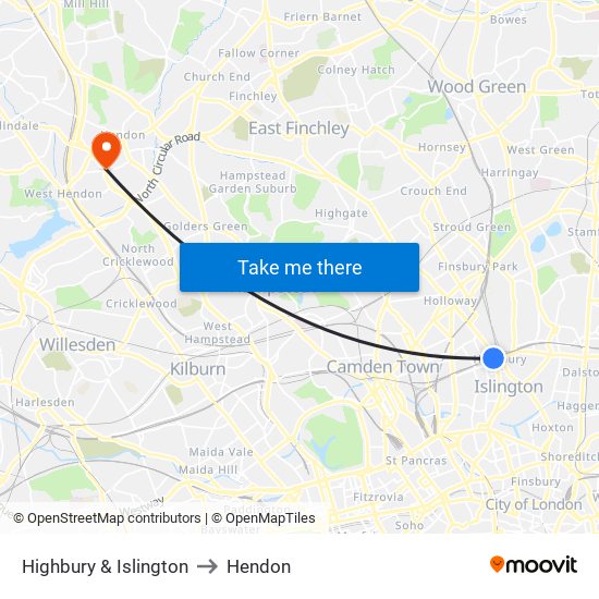 Highbury & Islington to Hendon map